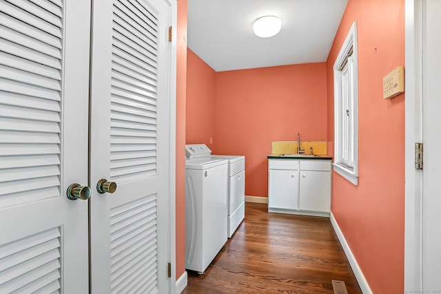 61 Stony Brook Rd, Middlebury, CT 06762 - clothes washing area featuring separate washer and dryer, cabinet space, baseboards, and dark wood finished floors