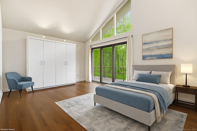 61 Stony Brook Rd, Middlebury, CT 06762 - bedroom with access to exterior, multiple windows, wood finished floors, and high vaulted ceiling