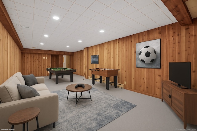 61 Stony Brook Rd, Middlebury, CT 06762 - recreation room with billiards, carpet flooring, recessed lighting, wood walls, and a baseboard heating unit