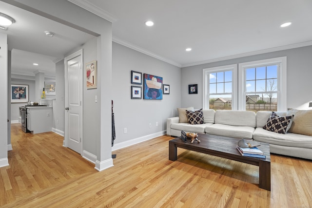 3 Arrowhead Rd, Madison, CT 06443 - living room featuring ornamental molding, light wood-style floors, baseboards, and recessed lighting