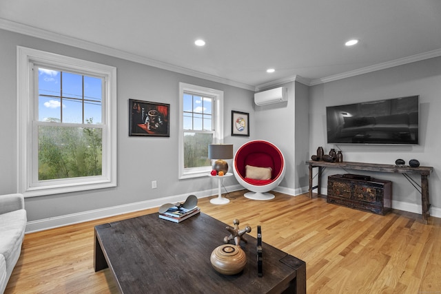 3 Arrowhead Rd, Madison, CT 06443 - living area featuring a wall mounted AC, crown molding, wood finished floors, baseboards, and recessed lighting