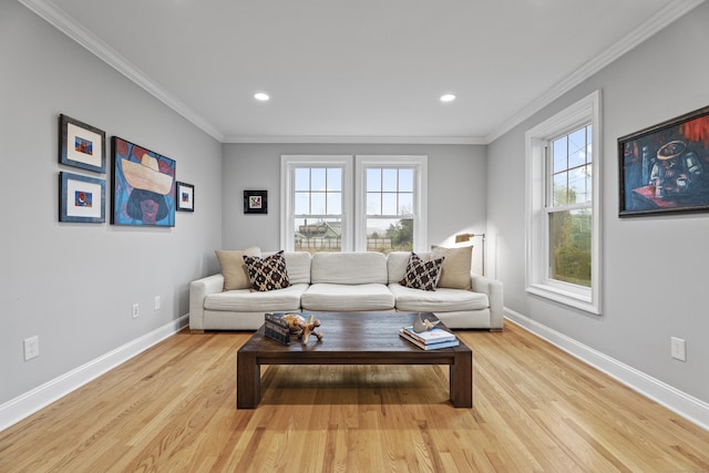 3 Arrowhead Rd, Madison, CT 06443 - living room with healthy amount of natural light, baseboards, light wood-style floors, ornamental molding, and recessed lighting
