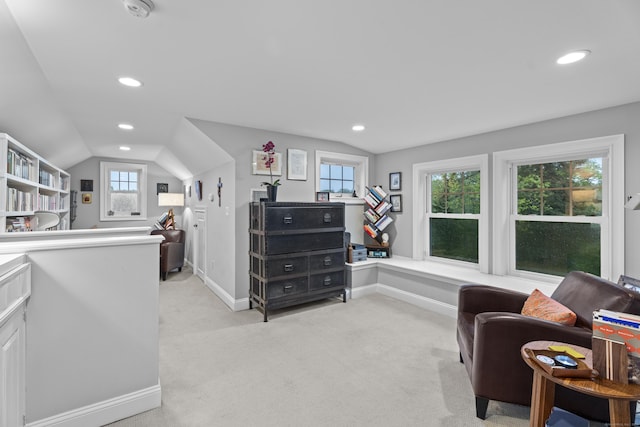 3 Arrowhead Rd, Madison, CT 06443 - sitting room with lofted ceiling, baseboards, light carpet, and recessed lighting