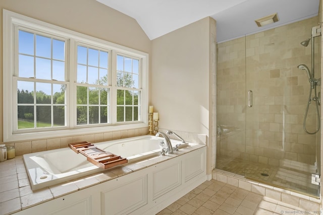 18 Beaver Dam Rd, Newtown, CT 06470 - bathroom featuring healthy amount of natural light, a stall shower, a garden tub, and vaulted ceiling
