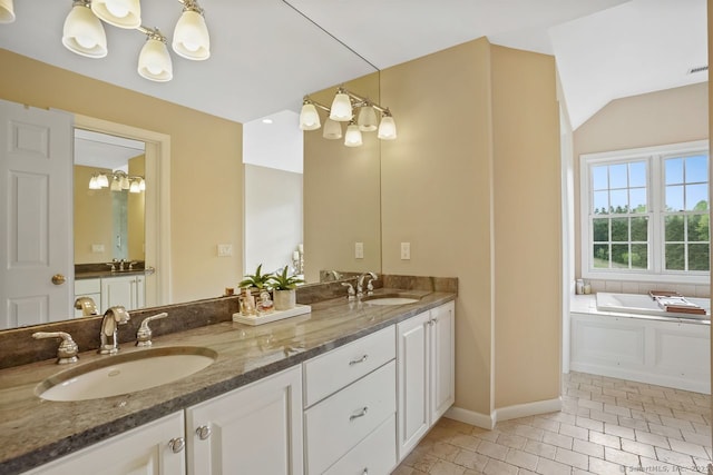 18 Beaver Dam Rd, Newtown, CT 06470 - full bathroom with double vanity, a bath, tile patterned floors, a chandelier, and baseboards