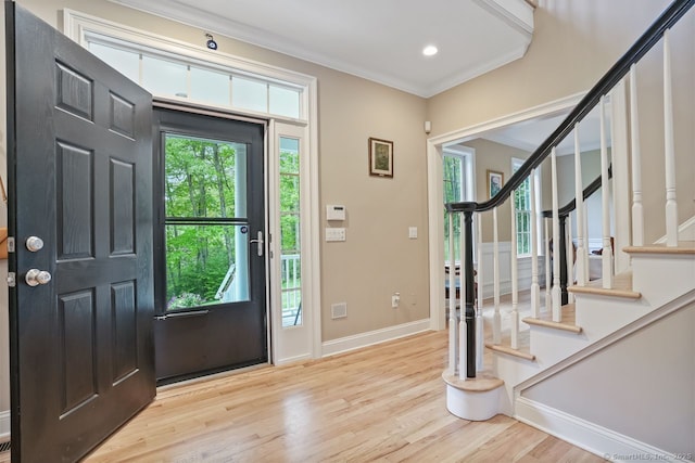 18 Beaver Dam Rd, Newtown, CT 06470 - entrance foyer with wood finished floors, stairway, crown molding, baseboards, and recessed lighting