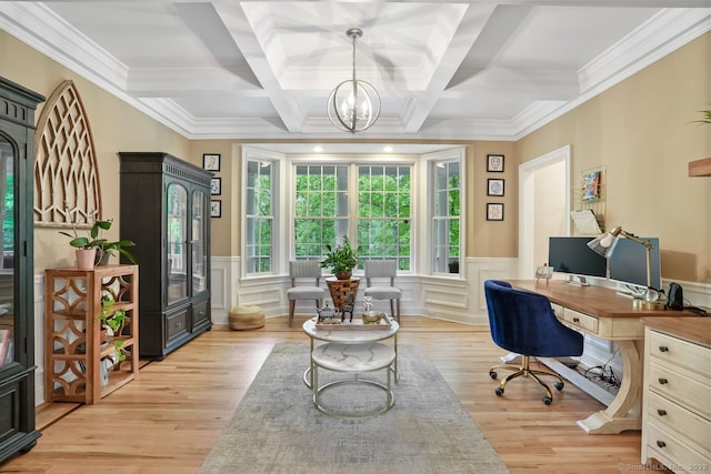 18 Beaver Dam Rd, Newtown, CT 06470 - office space with beam ceiling, light wood-style flooring, a chandelier, coffered ceiling, and wainscoting