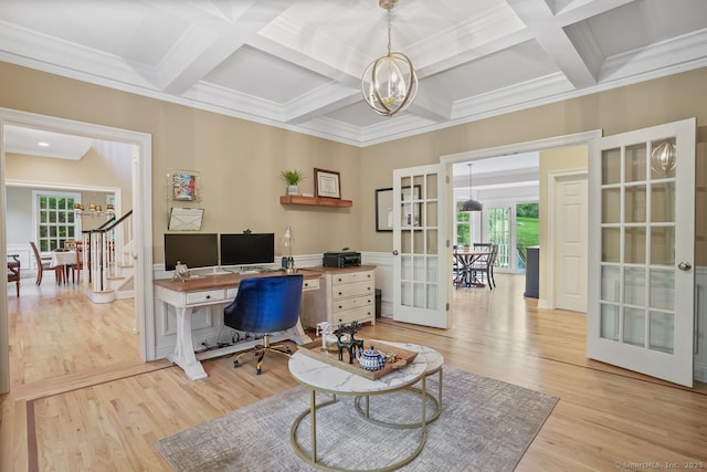 18 Beaver Dam Rd, Newtown, CT 06470 - office with french doors, healthy amount of natural light, a chandelier, coffered ceiling, and light wood finished floors