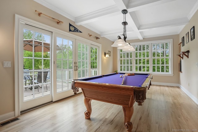 18 Beaver Dam Rd, Newtown, CT 06470 - playroom featuring healthy amount of natural light, billiards, beamed ceiling, light wood-style flooring, and coffered ceiling