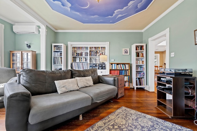 178 Shore Ave, Groton, CT 06340 - living area featuring an AC wall unit, wood finished floors, a raised ceiling, and ornamental molding