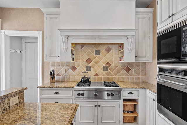 178 Shore Ave, Groton, CT 06340 - kitchen featuring stainless steel appliances, tasteful backsplash, white cabinetry, and light stone countertops