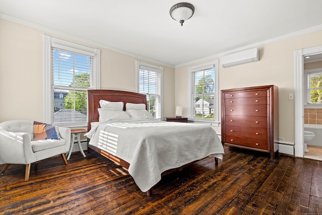 178 Shore Ave, Groton, CT 06340 - bedroom featuring a wall mounted air conditioner, ornamental molding, wood-type flooring, and connected bathroom