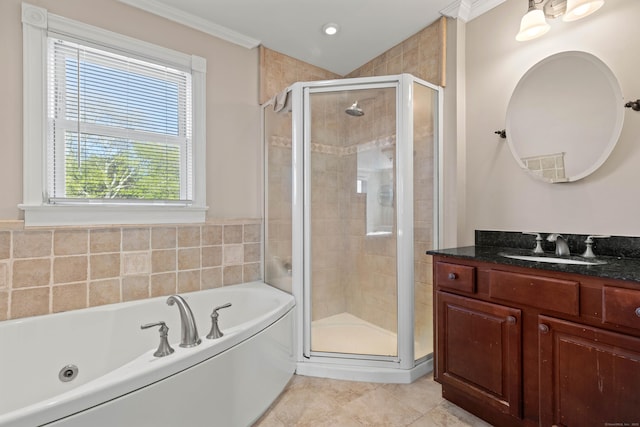 178 Shore Ave, Groton, CT 06340 - full bathroom featuring vanity, a jetted tub, a shower stall, ornamental molding, and tile patterned floors