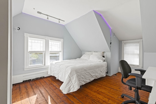 178 Shore Ave, Groton, CT 06340 - bedroom with vaulted ceiling, track lighting, wood-type flooring, and an office area
