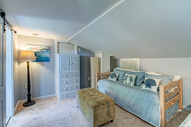 5 Quarry Rd, Stonington, CT 06355 - bedroom featuring vaulted ceiling, a barn door, carpet flooring, and baseboards