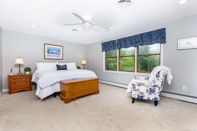 bedroom featuring a baseboard heating unit, carpet flooring, recessed lighting, a ceiling fan, and baseboards