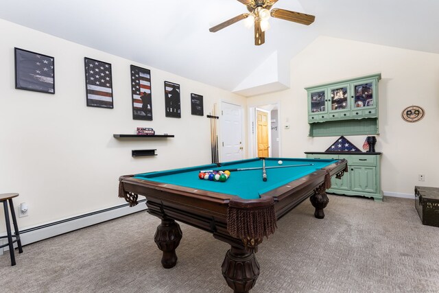 rec room with ceiling fan, light colored carpet, vaulted ceiling, billiards table, and baseboard heating