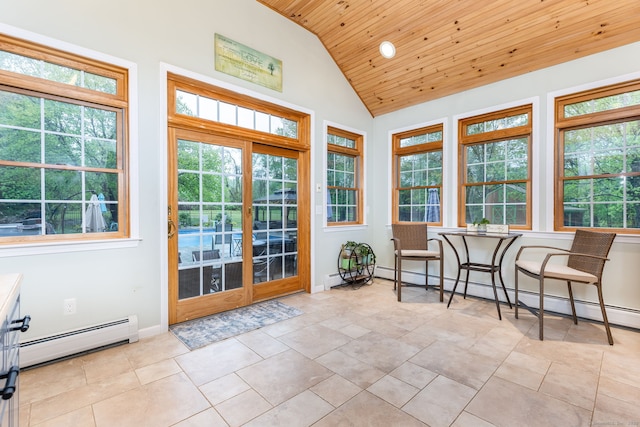 sunroom featuring a baseboard heating unit, wooden ceiling, a baseboard radiator, plenty of natural light, and baseboards