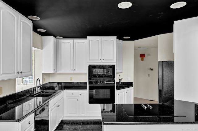 233 N Society Rd, Canterbury, CT 06331 - kitchen featuring black appliances, a sink, white cabinets, recessed lighting, and dark stone countertops