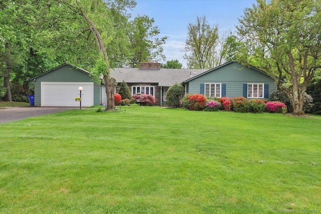 11 W Ridge Dr, West Hartford, CT 06117 - ranch-style home featuring driveway, a front lawn, and a chimney