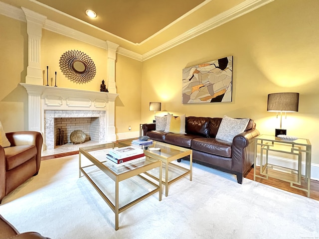 10 Woods End Dr, Wilton, CT 06897 - living room featuring baseboards, a fireplace with flush hearth, crown molding, and recessed lighting