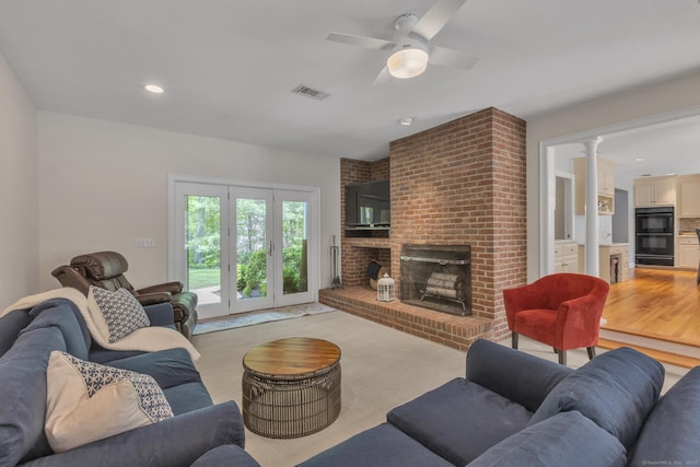16 Cider Mill Rd, Burlington, CT 06013 - living room with a fireplace, light carpet, ceiling fan, recessed lighting, and ornate columns