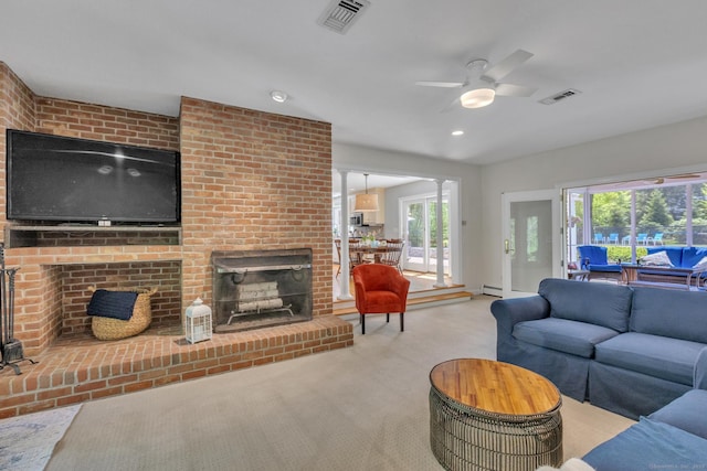 16 Cider Mill Rd, Burlington, CT 06013 - living area with a brick fireplace, a ceiling fan, carpet flooring, a baseboard heating unit, and recessed lighting
