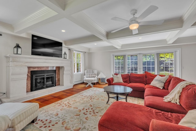 16 Cider Mill Rd, Burlington, CT 06013 - living room with wood finished floors, beam ceiling, coffered ceiling, ornamental molding, and a high end fireplace