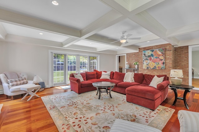 16 Cider Mill Rd, Burlington, CT 06013 - living area featuring coffered ceiling, beam ceiling, wood finished floors, a ceiling fan, and recessed lighting