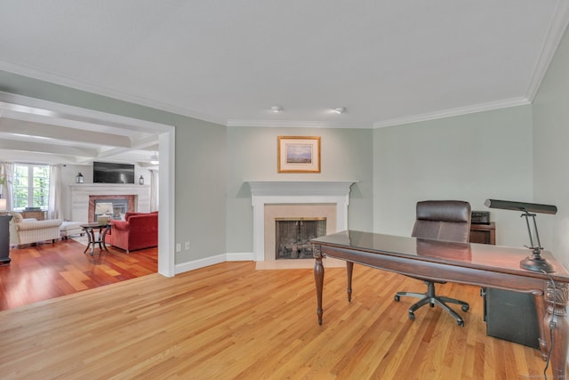 16 Cider Mill Rd, Burlington, CT 06013 - office featuring a fireplace with flush hearth, wood finished floors, and crown molding