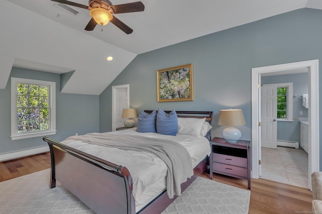 16 Cider Mill Rd, Burlington, CT 06013 - bedroom featuring vaulted ceiling, light wood-style flooring, multiple windows, a ceiling fan, and a baseboard heating unit