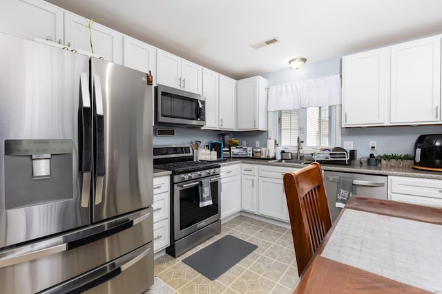 kitchen with stainless steel appliances, white cabinets, and a sink