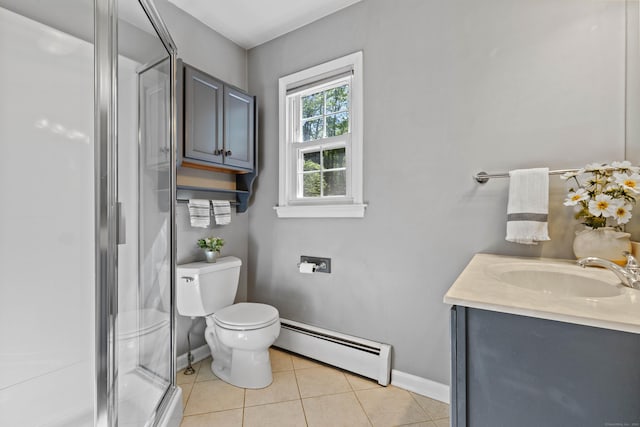 5 Willow Ln, East Lyme, CT 06333 - bathroom with a baseboard radiator, baseboards, a stall shower, tile patterned flooring, and toilet