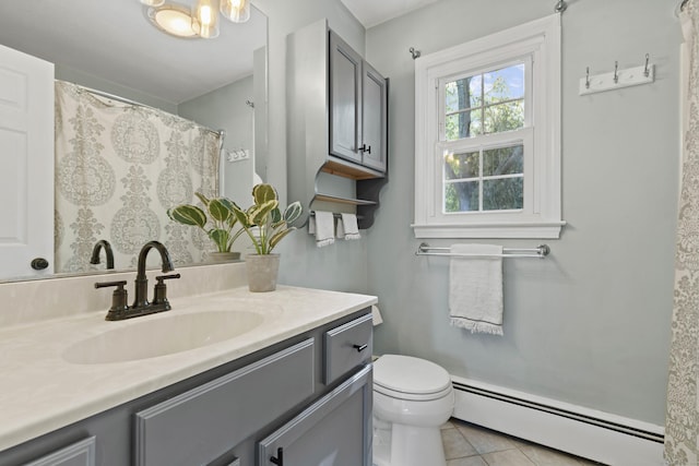5 Willow Ln, East Lyme, CT 06333 - full bathroom with baseboard heating, tile patterned floors, vanity, toilet, and a chandelier