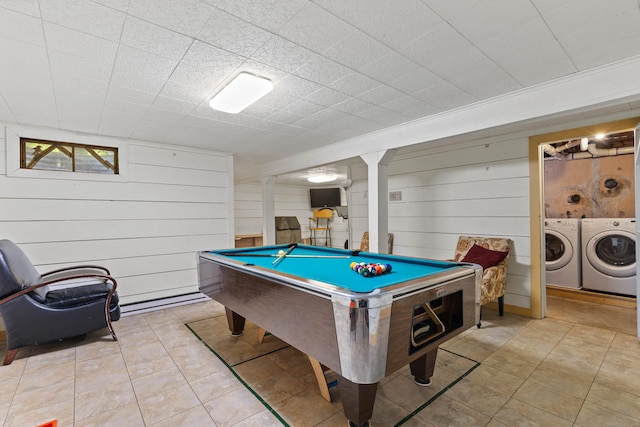 5 Willow Ln, East Lyme, CT 06333 - rec room with independent washer and dryer, billiards, wood walls, tile patterned floors, and decorative columns
