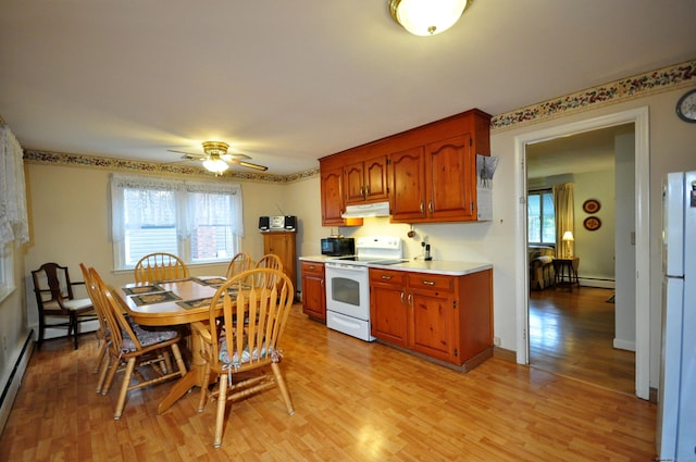 1268 Trout Brook Dr, West Hartford, CT 06119 - kitchen with white appliances, light wood-type flooring, light countertops, a ceiling fan, and under cabinet range hood