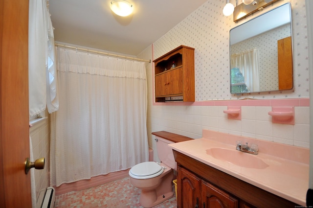 1268 Trout Brook Dr, West Hartford, CT 06119 - full bathroom featuring a baseboard heating unit, toilet, tile walls, wallpapered walls, and a wainscoted wall