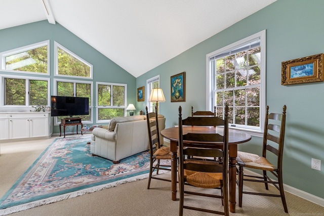 98 Hemlock Valley Rd, East Haddam, CT 06423 - dining room featuring light carpet, plenty of natural light, beamed ceiling, high vaulted ceiling, and baseboards