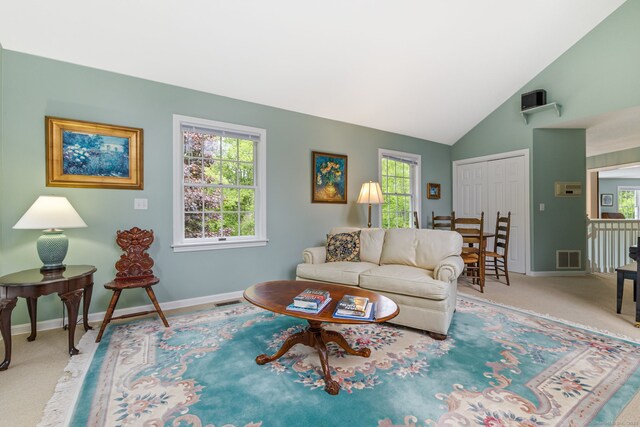 98 Hemlock Valley Rd, East Haddam, CT 06423 - living room with carpet, baseboards, and high vaulted ceiling