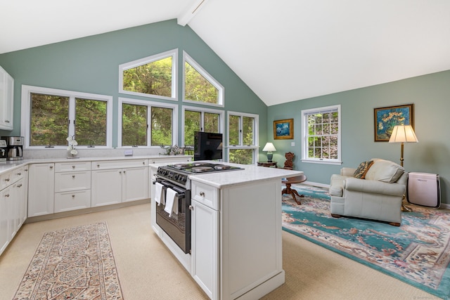 98 Hemlock Valley Rd, East Haddam, CT 06423 - kitchen with electric range, high vaulted ceiling, open floor plan, a center island, and white cabinets