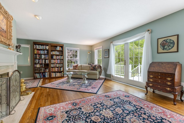 98 Hemlock Valley Rd, East Haddam, CT 06423 - living room featuring a fireplace, plenty of natural light, wood finished floors, and baseboards