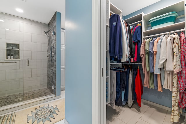 98 Hemlock Valley Rd, East Haddam, CT 06423 - full bath featuring a stall shower, a spacious closet, recessed lighting, and tile patterned flooring