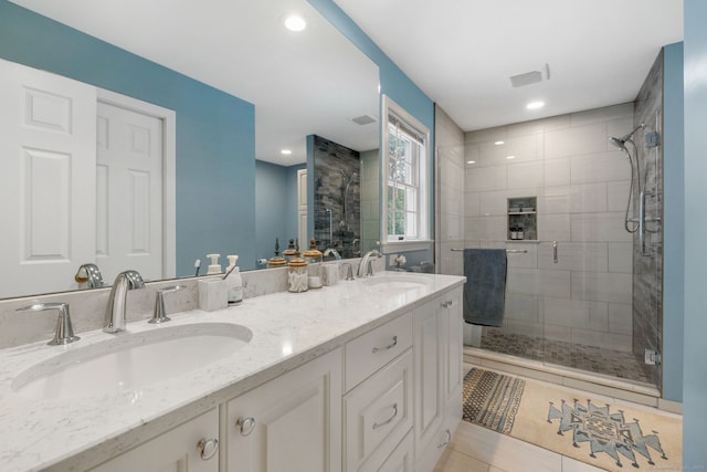 98 Hemlock Valley Rd, East Haddam, CT 06423 - bathroom with a stall shower, tile patterned flooring, double vanity, and recessed lighting