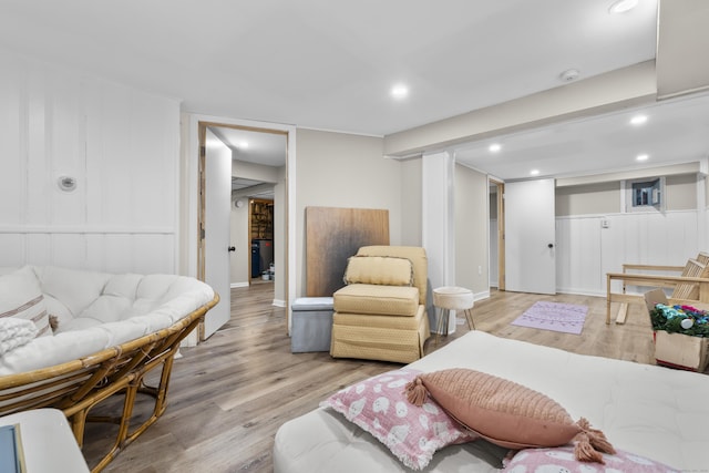 bedroom featuring light wood-type flooring and recessed lighting