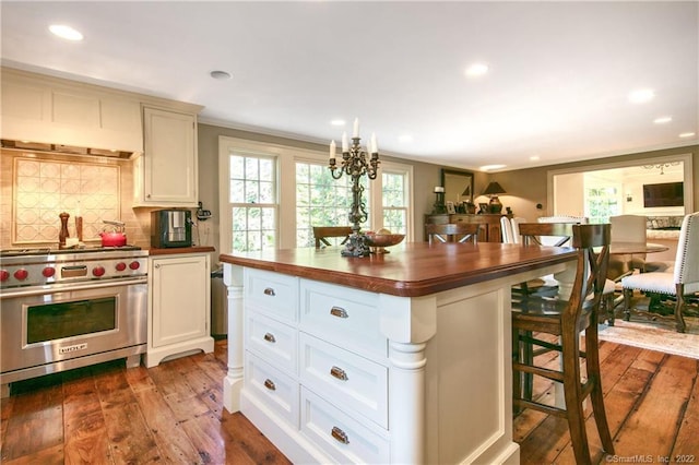 521 State St, Guilford, CT 06437 - kitchen with luxury stove, wood counters, wood-type flooring, tasteful backsplash, and recessed lighting