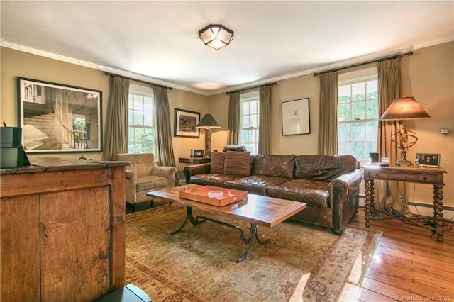 521 State St, Guilford, CT 06437 - living room featuring plenty of natural light, ornamental molding, hardwood / wood-style flooring, a baseboard heating unit, and baseboards