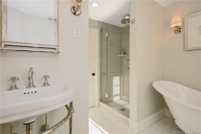 521 State St, Guilford, CT 06437 - full bath with a stall shower, a soaking tub, a sink, and tile patterned floors