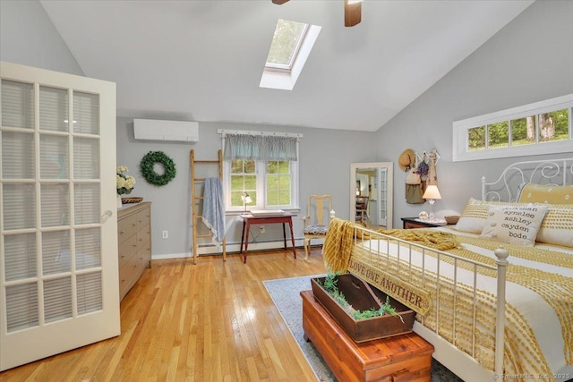 20 Thayer Road Ext, Haddam, CT 06441 - bedroom featuring a baseboard radiator, lofted ceiling, an AC wall unit, multiple windows, and light wood-style floors