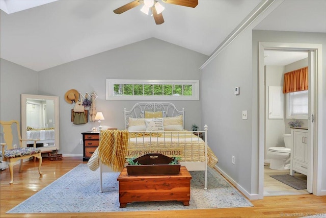20 Thayer Road Ext, Haddam, CT 06441 - bedroom with wood finished floors, lofted ceiling, ensuite bathroom, ceiling fan, and baseboards