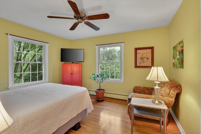20 Thayer Road Ext, Haddam, CT 06441 - bedroom with wood finished floors, baseboards, a baseboard radiator, and ceiling fan